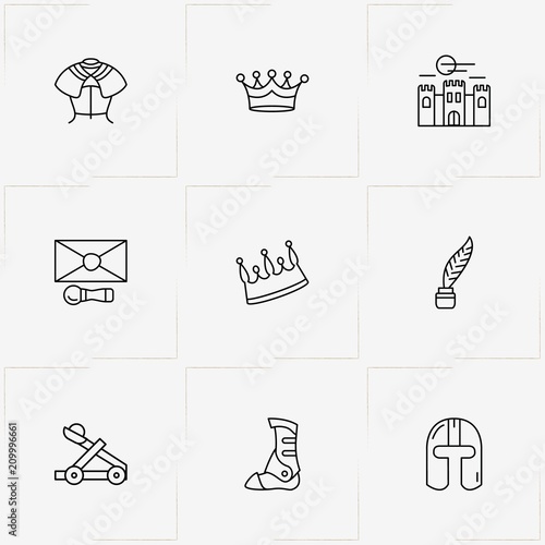 Middle Ages line icon set with warrior armor shoe , fortress and crown