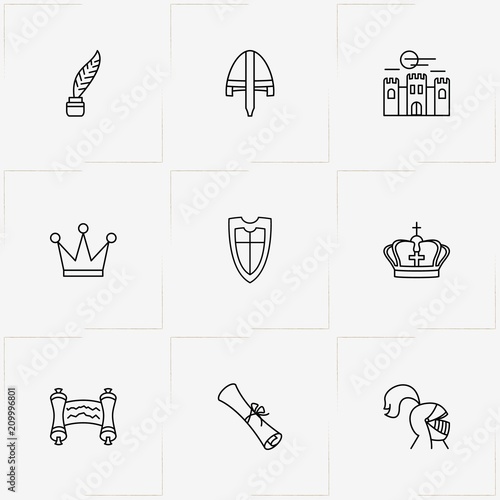 Middle Ages line icon set with fortress, feather and warrior helmet