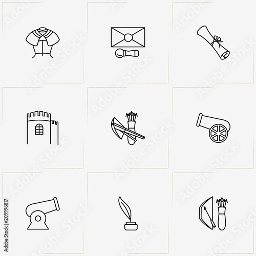 Middle Ages line icon set with cannon , bow and arrows and armor