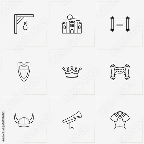 Middle Ages line icon set with horn , gallows  and viking helmet