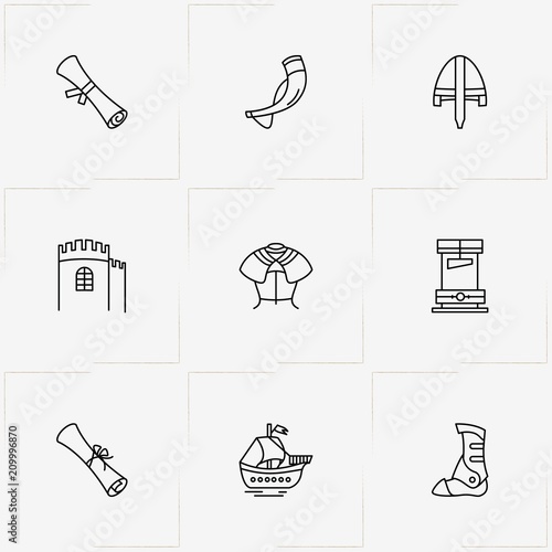 Middle Ages line icon set with drinking horn , armor  and scroll
