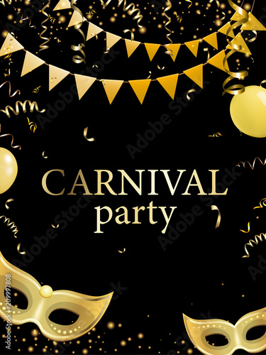 Black carnival party background with gold masks.