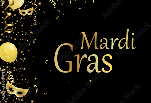 Black mardi gras background with gold masks.