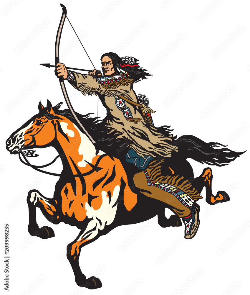 Native Indian Archer On A Horseback Riding A Pinto Colored Pony Horse