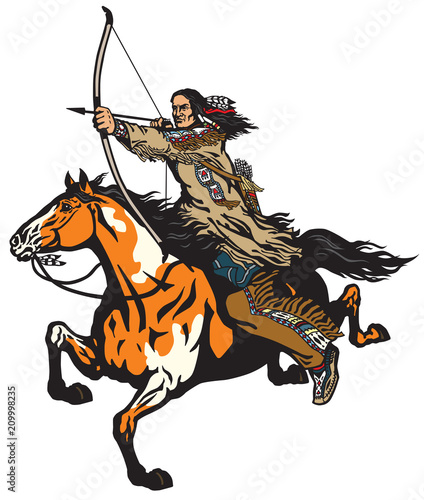  native Indian archer on a horseback riding a pinto colored pony horse and shooting a bow and arrow . Nomadic horseman warrior or hunter on a mustang in the gallop . Isolated vector illustration