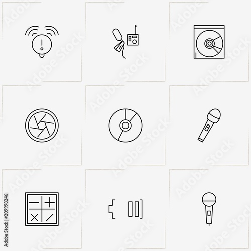 Mobile Interface line icon set with calculator symbols , photo camera lens  and alarm