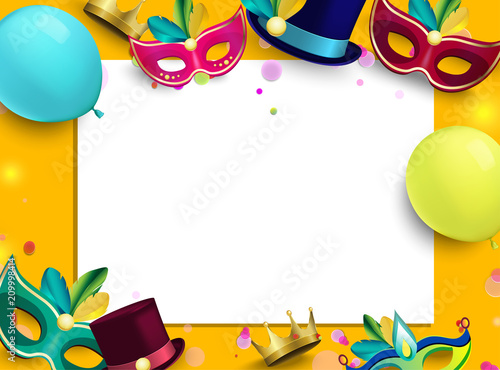 Orange carnival background with colour masks and balloons.