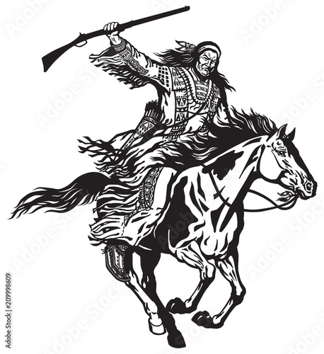  native Indian man holding a rifle and riding a pinto colored pony horse in the gallop . Nomadic horseman warrior or hunter on a mustang in the gallop .Black and white isolated vector illustration