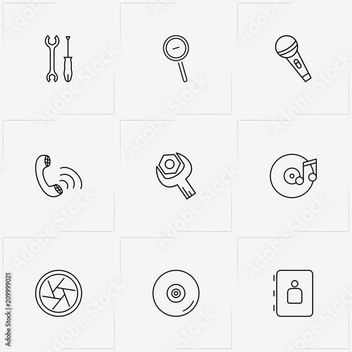 Mobile Interface line icon set with compact disk, tools and phone