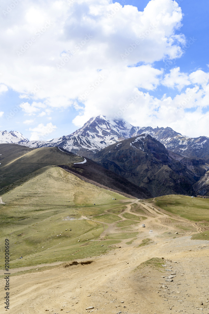 View of the Kazbek mountain peak in the Caucasus, Georgia