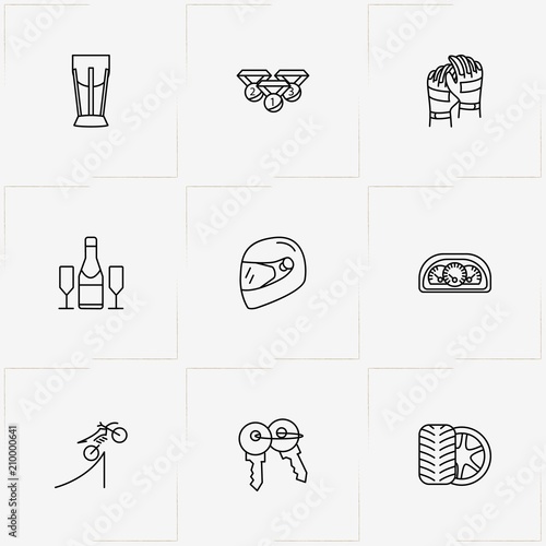 Moto Sport line icon set with bike gloves, bike jump board and champagne