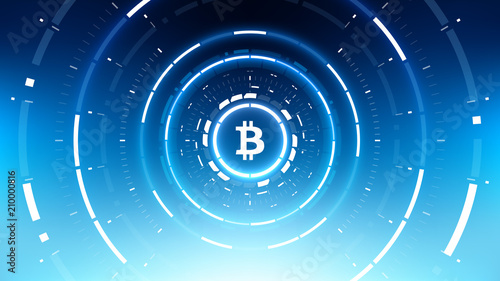 Bitcoin cryprocurrency futuristic vector illustration for background, HUD, graphical user interface, banner, business and finance infographics and more. Worldwide digital money blockchain system