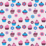 Cute decorative pattern with different cupcakes and flowers