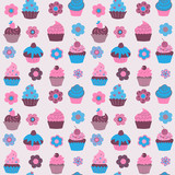Cute ornate pattern with sweet cupcakes and flowers