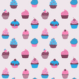 Cute decorative pattern with sweet cupcakes and fruits