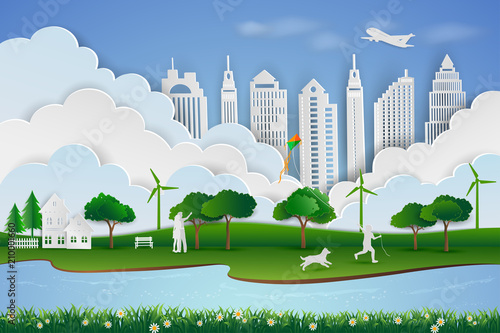 Save the environment and energy concept,Paper art design of landscape with eco green city,Child happy when playing kite with dog and family,vector illustration