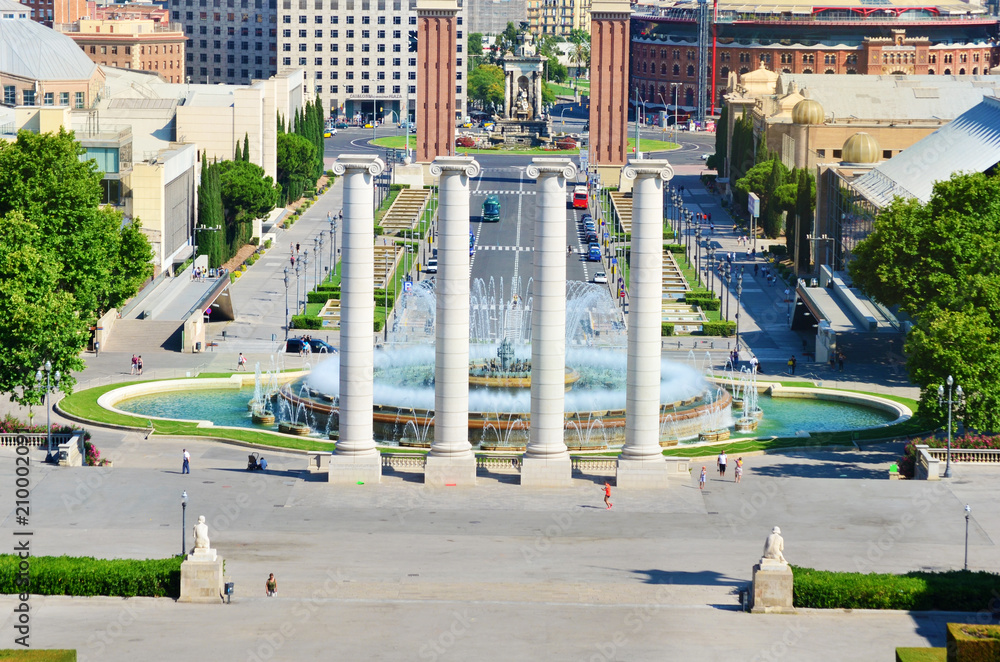 Montjuic Fountain on Plaza de Espana in Barcelona, Spain and the National Museum Montjuic Fountain on Plaza de Espana in Barcelona, Spain and the National Museum