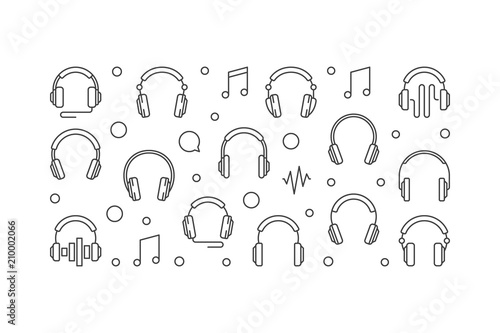 Headphones horizontal banner. Vector outline illustration