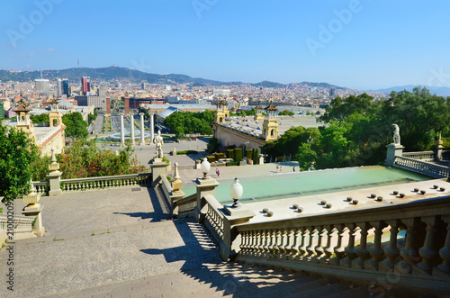 Montjuic Fountain on Plaza de Espana in Barcelona, Spain and the National Museum
