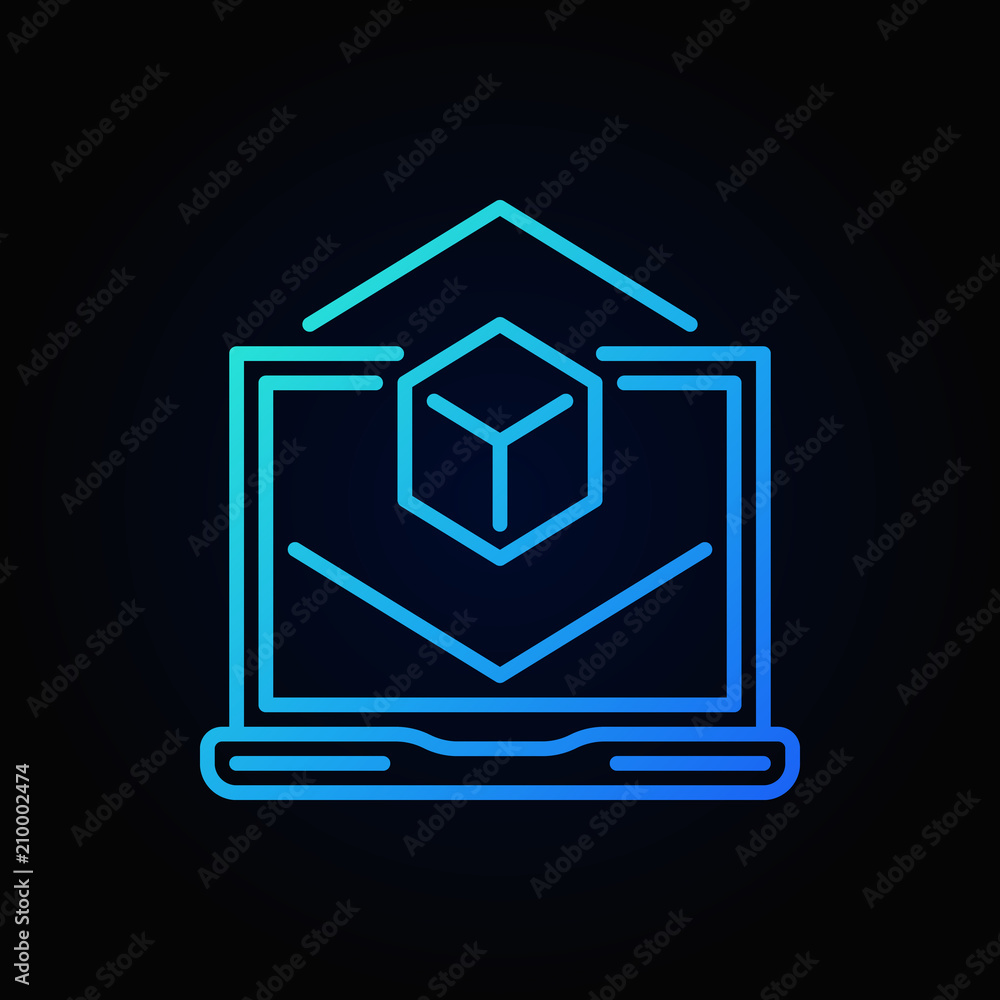 Laptop with cube blue linear icon. Vector AR concept sign Laptop with cube blue linear icon. Vector AR concept sign