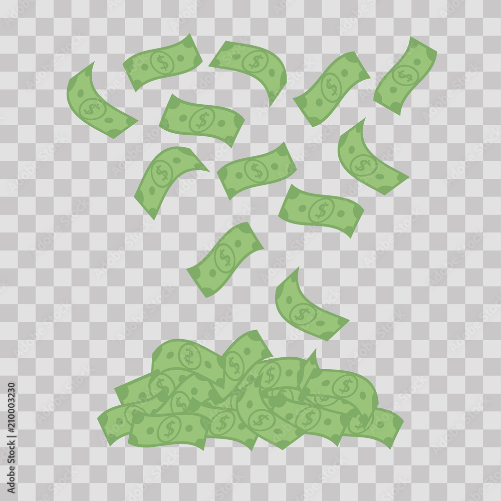 Money banknotes on transparent background. Falling green dollars , bills fly - flat vector illustration Money banknotes on transparent background. Falling green dollars , bills fly - flat vector illustration