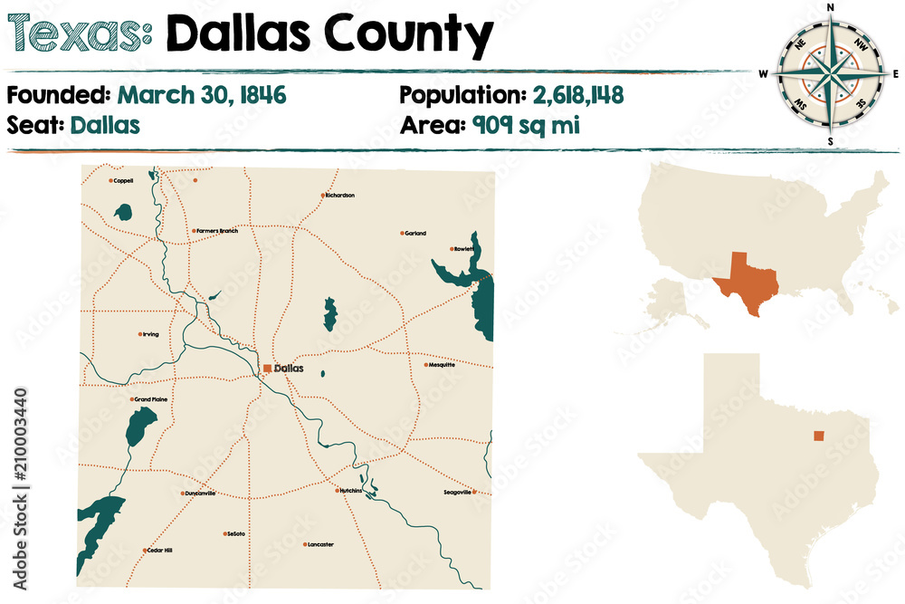 Detailed map of Dallas county in Texas, USA.