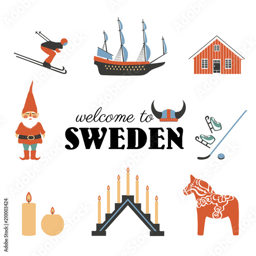 Swedish vector traditional symbols, Vasa Sailer, Tomtar elf, Dalecarlica horse, Dalarna horse, skis, skates, red house, candles, viking helmet isolated on white, decorative set travel icons flat style photo