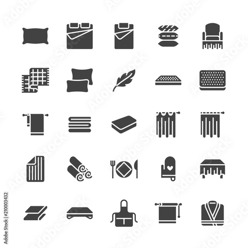 Bedding flat glyph icons. Orthopedics mattresses, bedroom linen, pillows, sheets set, blanket and duvet illustrations. Signs for interior store. Solid silhouette pixel perfect 64x64.