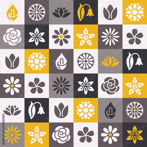 Flowers seamless pattern with flat glyph icons. Floral background beautiful garden plants chamomile, sunflower, rose flower, lotus, carnation, dandelion, violet blossom. Black gray yellow white color.