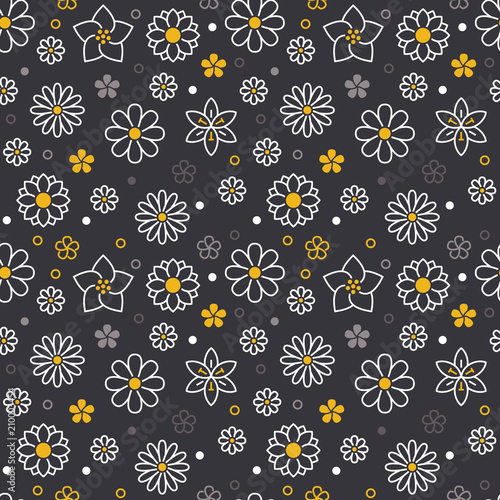 Flowers seamless pattern with flat line icons. Floral background beautiful garden plants chamomile, sunflower, rose flower, violet blossom. Black gray yellow white color texture for kids fabric. photo