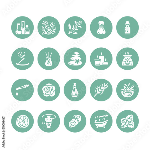 Essential oils aromatherapy vector flat glyph icons set. Elements - aroma therapy diffuser, oil burner, candles, incense sticks. Pictograms for spa salon. Solid silhouette pixel perfect 64x64.