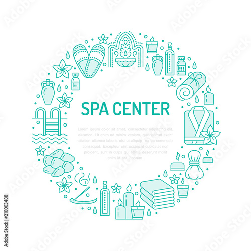 Spa center blue banner illustration with flat line icons. Essential oils, aromatherapy massage, turkish steam bath hamam sauna, swimming pool. Circle template thin linear signs body treatments.