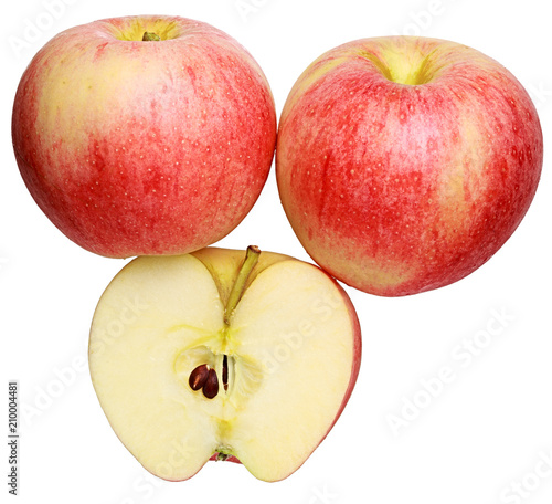 Three red ripe apples; one cut in half; isolated on white background
