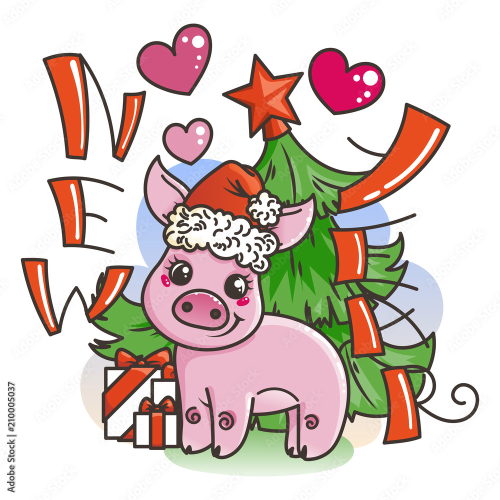 Naklejka premium Happy New 2019 Year card with cartoon baby pig. Small symbol of holiday.
