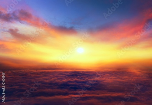 Sunset . Sunlight pierces through the clouds . Background sky at sunset and dawn . Flare