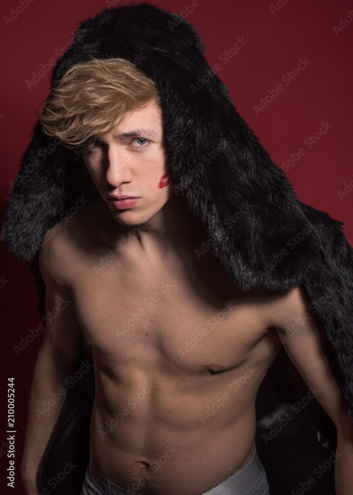 custom made wallpaper toronto digitalA man in black fur on red background. Sexy body