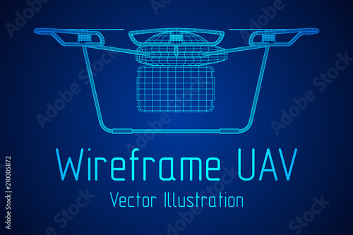 Remote control air drone. Dron flying with cargo box. Wireframe low poly mesh vector illustration