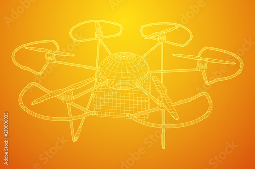 Remote control air drone. Dron flying with cargo box. Wireframe low poly mesh vector illustration