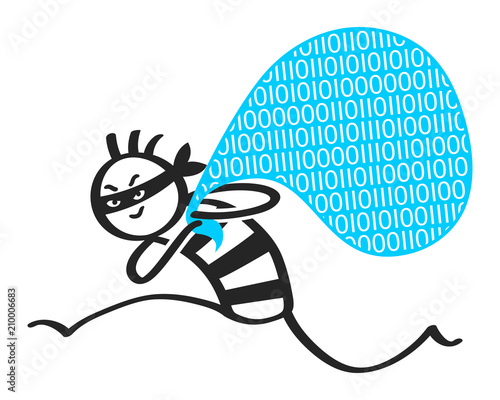 Datenklau, Datendieb, Cyber Kriminalität, Strichmännchen Dieb klaut Daten