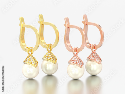3D illustration two pair of yellow and rose gold pearl diamond earrings with hinged lock
