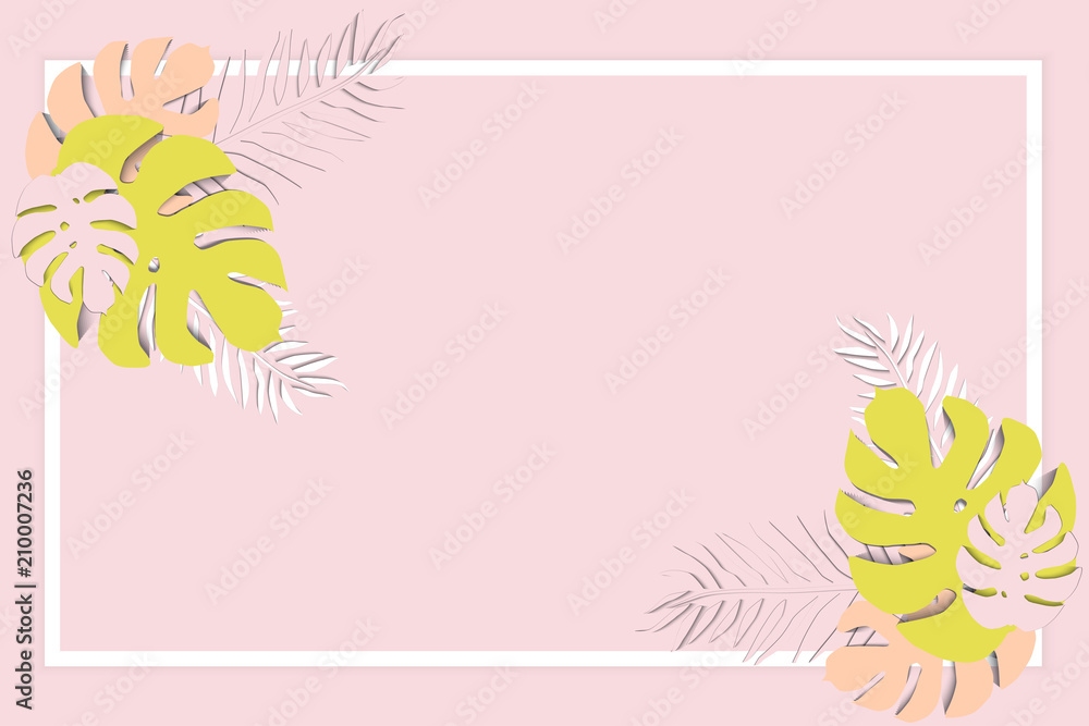  Tropical background in paper art style with plants and,  flowers in pastel colors. Vector illustration.