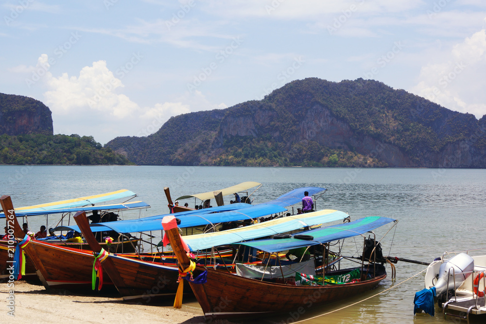 Thai wooden boats on the beach, Phi, Phi island, Thailand