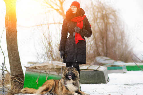 Obraz na płótnie Girl playing with Caucasian shepherd dog, autumn w salonie