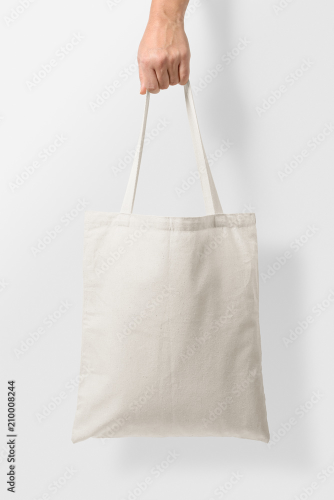 Mockup Female Hand Holding Blank Tote Canvas Bag Light Grey Stock