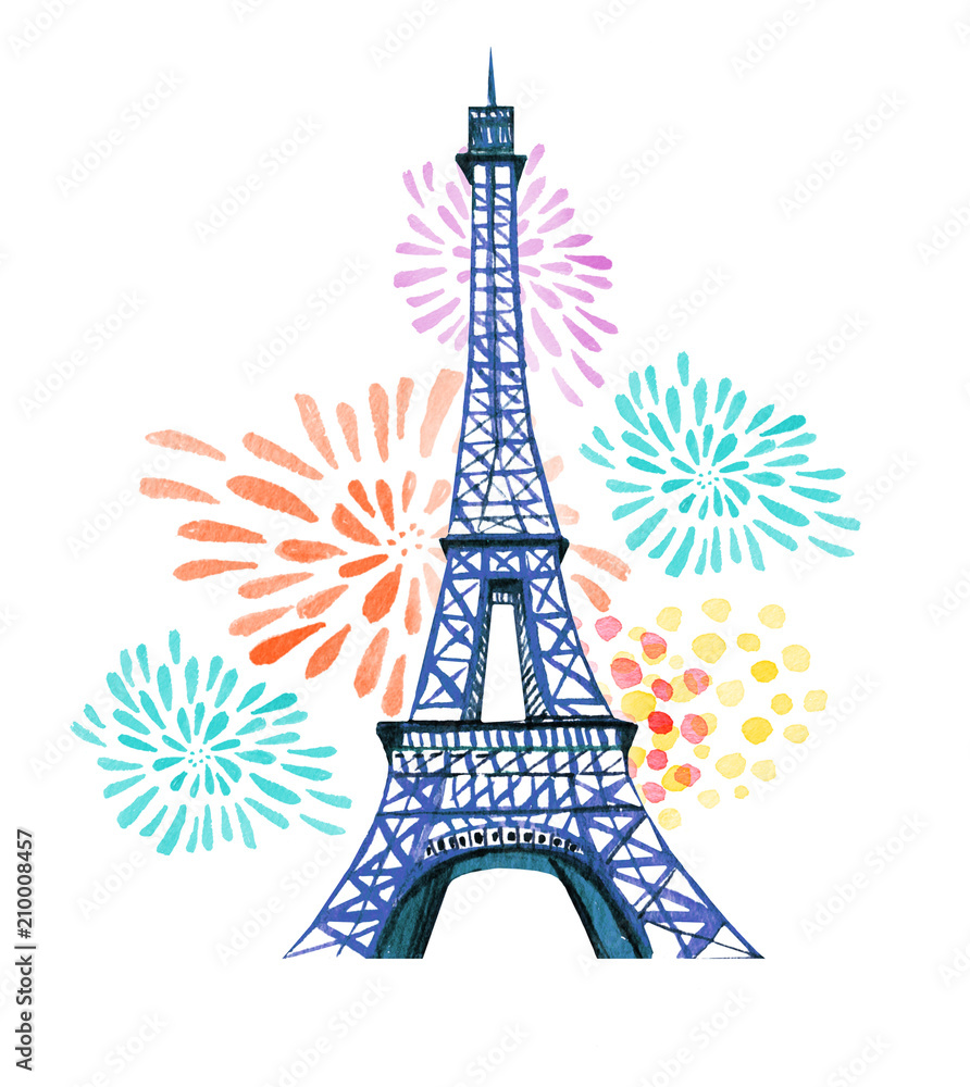 Bastille day. 14th of  July. La Fete Nationale. French National day greeting card and poster design. Hand drawn watercolor illustration with Eiffel tower and fireworks