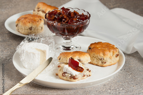 Breakfast. Sultana Scones. Quince Preserve With Walnuts. Goat Cheese.