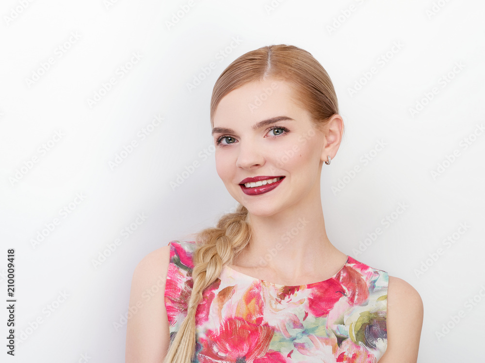 Beauty portrait of young beautiful cheerful young fresh looking woman with bright trendy make up blond healthy hair braid hairstyle. Beauty portrait of young beautiful cheerful young fresh looking woman with bright trendy make up blond healthy hair braid hairstyle.