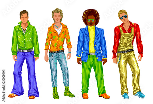 Group of fashionable guys in the style of disco on a white background