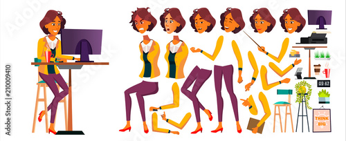 Office Worker Vector. Woman. Animated Elements. Lifestyle Generator. Professional Officer, Clerk. Adult Business Female. Lady Face Emotions, Gestures. Animation Creation Set. Cartoon Illustration