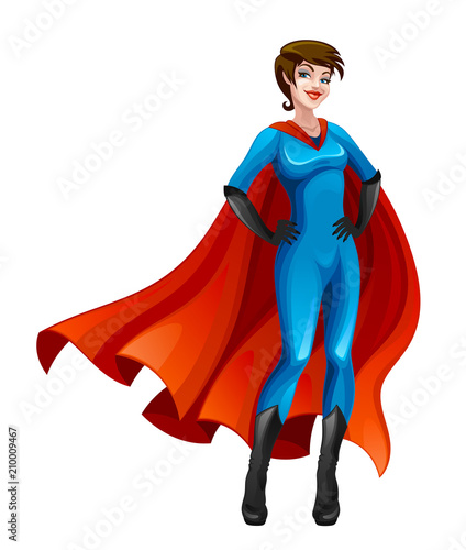 Girl super hero in a blue suit and red cloak on a white background